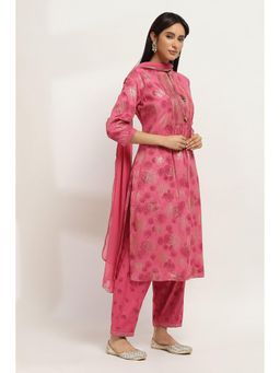Rangriti - Women Onion Pink Viscose Blend Gathered Printed Kurta Pant and Dupatta (Set of 3)
