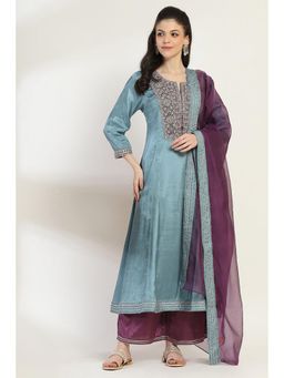 Rangriti - Women Dusty Blue Viscose Kalidar Kurta Palazzo and Dupatta (Set of 3)