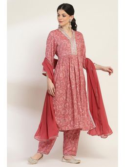 Rangriti - Women Pink Viscose Gathered Kurta Pant and Dupatta (Set of 3)