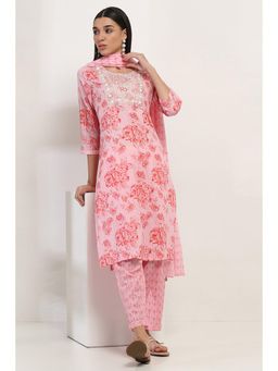 Rangriti - Women Pink Cotton Straight Kurta Pant and Dupatta (Set of 3)