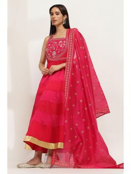 Rangriti - Women Red Viscose Tiered Anarkali Pant and Dupatta (Set of 3)