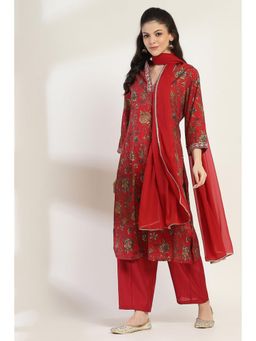Rangriti - Women Maroon Cotton Blend Straight Kurta Pant and Dupatta (Set of 3)