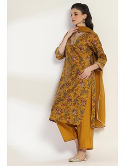 Rangriti - Women Yellow Cotton Blend Straight Kurta Pant and Dupatta (Set of 3)