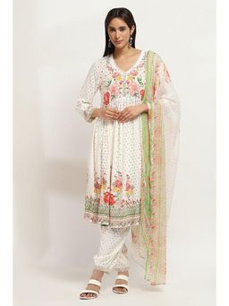 Rangriti - Women White Viscose Rayon Gathered Kurta Pant and Dupatta (Set of 3)