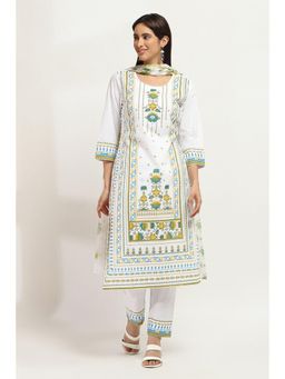 Rangriti - Women White Cotton Straight Kurta Pant and Dupatta (Set of 3)