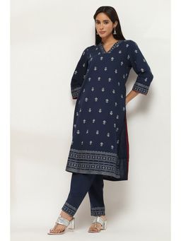 Rangriti - Women Navy Cotton Straight Kurta Pant (Set of 2)