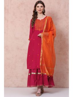 Rangriti - Women Pink Straight Solid Kurta Skirt and Dupatta (Set of 3)