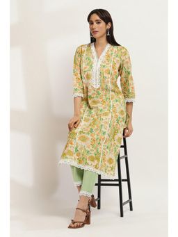 Rangriti - Women Green Cotton Straight Kurta Pant (Set of 2)