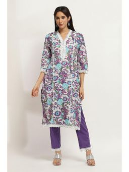Rangriti - Women Purple Cotton Straight Kurta Pant (Set of 2)