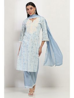 Rangriti - Women Blue Cotton Straight Kurta Pant and Dupatta (Set of 3)