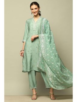 Rangriti - Women Jade Green Viscose Blend A-Line Printed Kurta Pant and Dupatta (Set of 3)