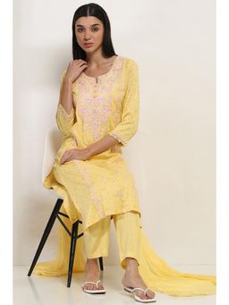 Rangriti - Women Yellow Viscose Rayon Straight Kurta Pant and Dupatta (Set of 3)