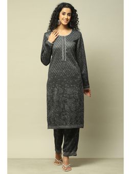 Rangriti - Women Grey Acrylic Straight Printed Kurta Pant (Set of 2)