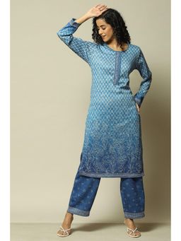 Rangriti - Women Sky Blue Acrylic Straight Printed Kurta Pant (Set of 2)