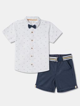 R&B - Printed Cotton Shirt with Shorts with Belt and Bow Boys