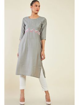 Soch - Womens Grey Viscose Embroidered Kurta