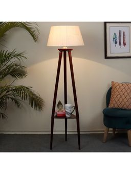 Tu Casa - Floor Lamp Mango Wood Base & Off-White Cotton Satin Shade