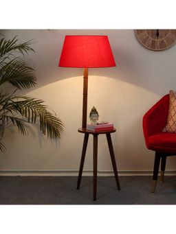Tu Casa - Floor Lamp Mango Wood Base & Red Cotton Shade