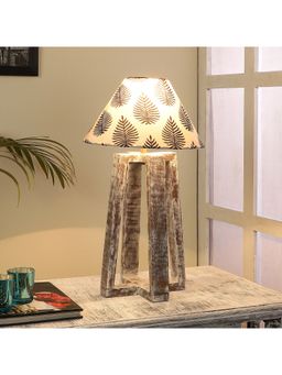 Tu Casa - Table Lamp Mango Wood Base & Off-White Black Leaf Cotton Shade