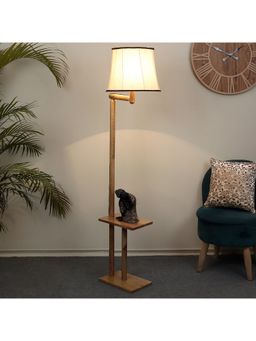 Tu Casa - Floor Lamp Mango Wood Base & Off-White and Black Cotton Shade
