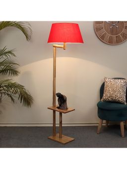 Tu Casa - Floor Lamp Mango Wood Base & Red Cotton Shade