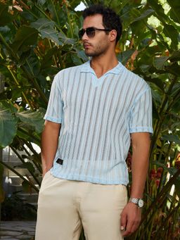 Campus Sutra - Men'S Baby Blue Duo-Striped Relaxed Polo T-Shirt