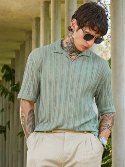 Campus Sutra - Men'S Sage Green Duo-Striped Relaxed Polo T-Shirt