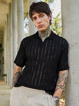 Campus Sutra - Men'S Onyx Black Duo-Striped Relaxed Polo T-Shirt