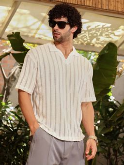 Campus Sutra - Men'S Off-White Duo-Striped Relaxed Polo T-Shirt