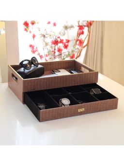 CasaGold - Light Brown Leather Storage Tray for Office Hotel or Home, A Serving Tray with Drawer and Storage Space