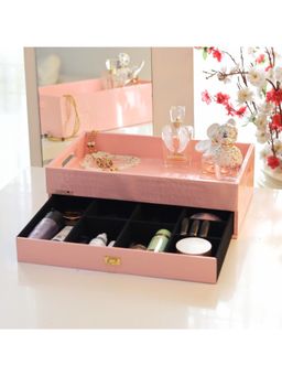CasaGold - Pink Leather Storage Tray for Office Hotel or Home, A Serving Tray with Drawer and Storage Space