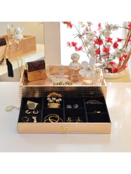 CasaGold - Rose Gold Leather Storage Tray for Office Hotel or Home, A Serving Tray with Drawer and Storage Space