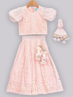FREE SPARROW - Pink Embroidered Lehenga with Puff Sleeves Top & Dupatta (Set of 3)