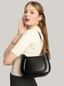 MINI WESST - Black Solid Hand Bag and Detachable Strap (Set of 2)