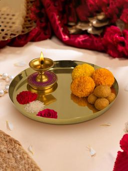 Metalsmith - Gold Finish Worship Pooja Thali For Home Decor Gold Finish For Diwali & Ceremonies