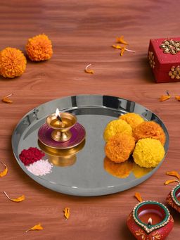 Metalsmith - Silver Finish Worship Pooja Thali For Home Decor Gold Finish For Diwali & Ceremonies