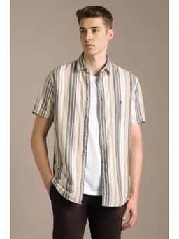 Louis Philippe - Men Beige Stripe Half Sleeves Casual Shirt