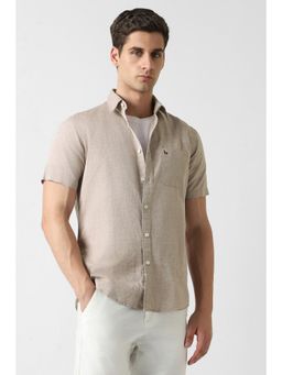 Van Heusen - Men Beige Textured Half Sleeves Casual Shirt