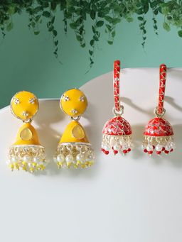 Zaveri Pearls - Set of 2 Yellow & Red Meenakari Ethnic Jhumki Earrings-ZPFK15116