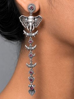 Dulcett - Silver Oxidised Long Elephant Earrings With Purple Stones