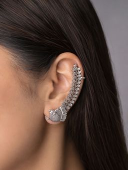 Dulcett - Silver Oxidised Floral Ear Cuff Earrings
