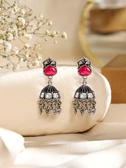 Zaveri Pearls - Pink Stone Antique Silver Oxidised Festive Earrings