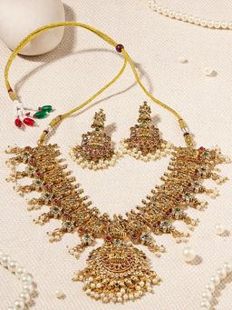 Zaveri Pearls - Multi-Color Goddess Lakshmi Temple Necklace and Earring Set (Pack of 3)
