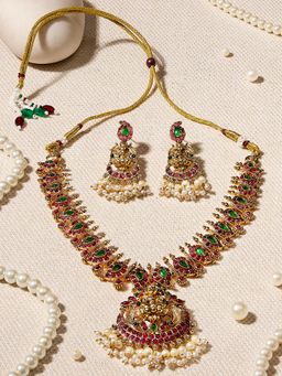 Zaveri Pearls - Multi-Color Goddess Lakshmi Temple Necklace and Earring Set (Pack of 3)