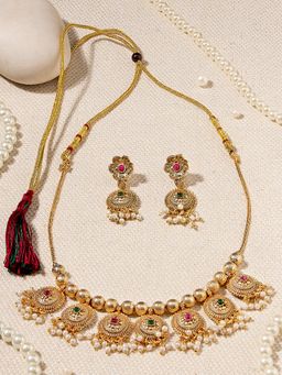 Zaveri Pearls - Multi-Color Stones Beads Traditional Necklace and Earring Set (Pack of 3)