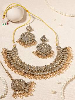 Zaveri Pearls - Multi-Color Champagne Stones Beads Necklace Earring and Maangtikka Set (Pack of 4)
