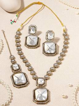 Zaveri Pearls - Multi-Color Antique Gold Tone Stones Necklace Earring and Maangtikka Set (Pack of 4)