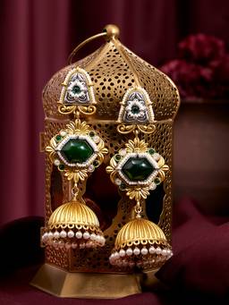 Zaveri Pearls - Green Stones Beads Two Tone Matte Finish Earrings