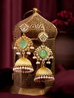 Zaveri Pearls - Green Stones Beads Ethnic Matte Finish Earrings