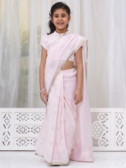Little Bansi - Pink Floral Saree and Stitched Blouse (Set of 2)